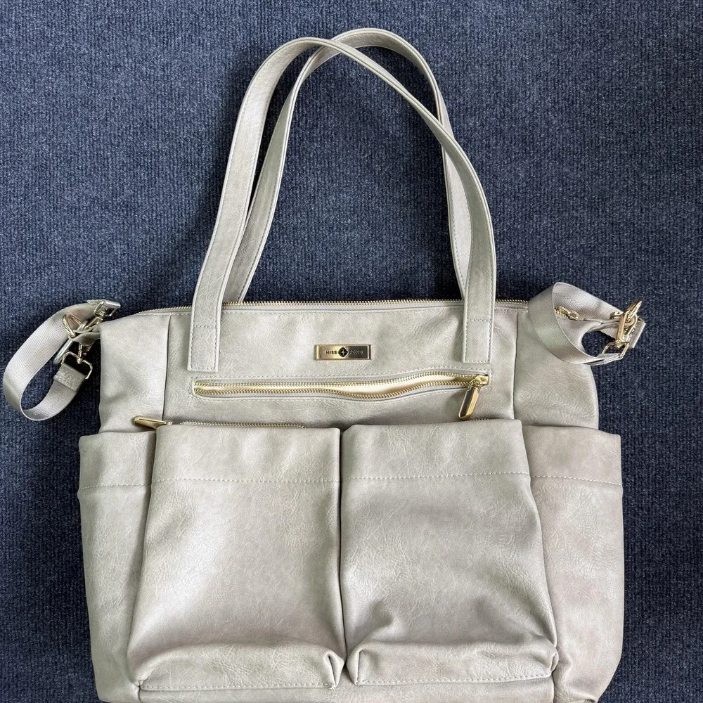 Miss Fong Gray Faux Leather Diaper Bag Tote Insulated Bottle Organizer